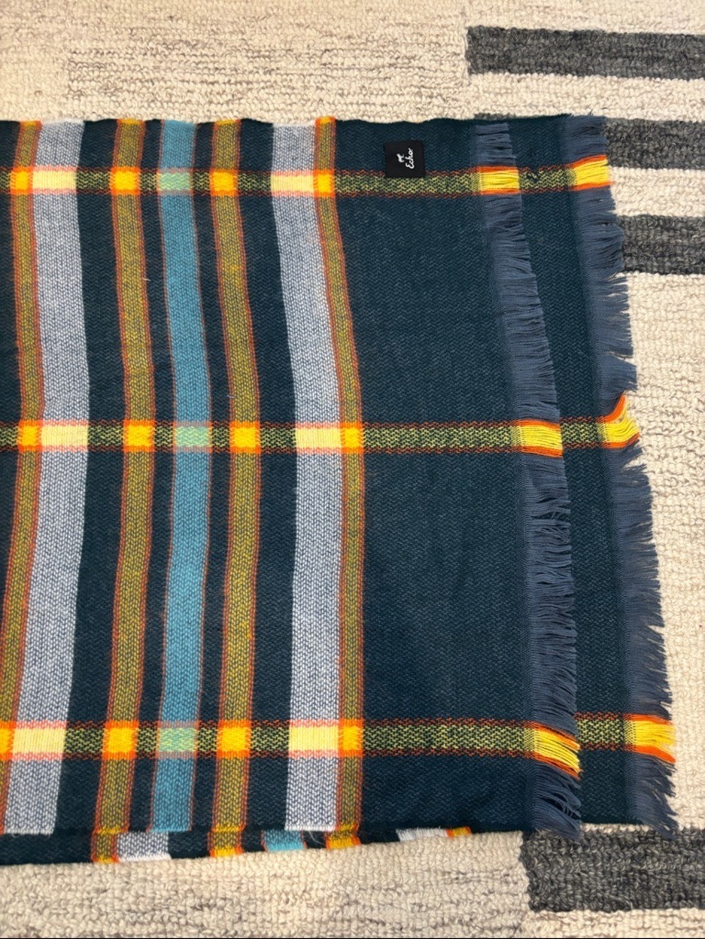 Echo Plaid Scarf Navy Yellow Tartan Fringe Wrap - Picture 7 of 12